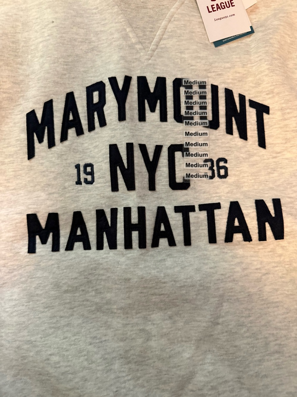 League Light Gray Crewneck Sweatshirt with Navy Manhattan Graphic